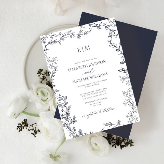 QR Code Leaf Navy Blue Elegant Monogram Wedding Einladung (Von Creator hochgeladen)