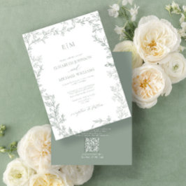 QR Code Leaf Sage Green Elegant Monogram Wedding Einladung