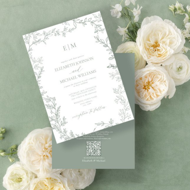 QR Code Leaf Sage Green Elegant Monogram Wedding Einladung (Easily personalize this bestselling sage green invitation for the perfect wedding!)
