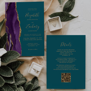 QR-Code Lila Gold Achat Türkis Hochzeit Einladung