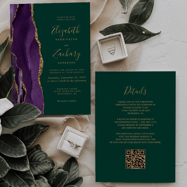 QR Code Lila Gold Agate Emerald Green Wedding Einladung (Von Creator hochgeladen)