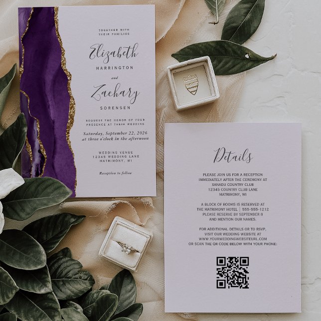 QR Code Lila Gold Agate Lavender Wedding Einladung (Von Creator hochgeladen)