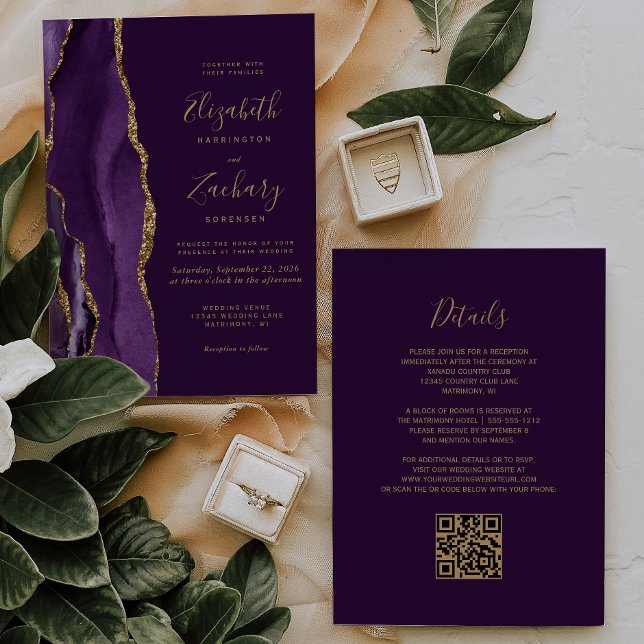 QR Code Lila Gold Agate Plum Wedding Einladung (Von Creator hochgeladen)
