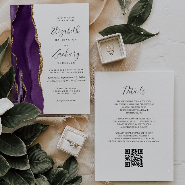 QR Code Lila Gold Agate Wedding Einladung (Von Creator hochgeladen)