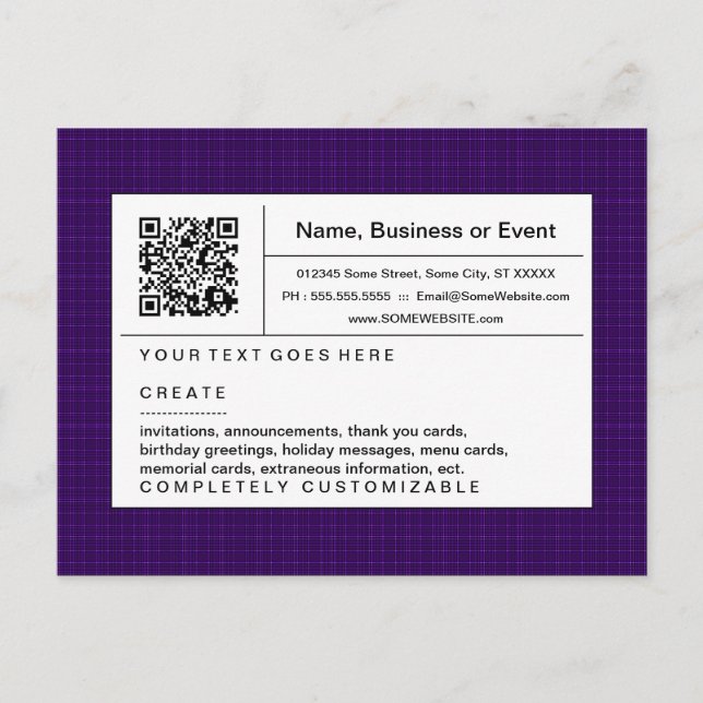 QR-Code: lila kariert Einladungspostkarte (Vorderseite)