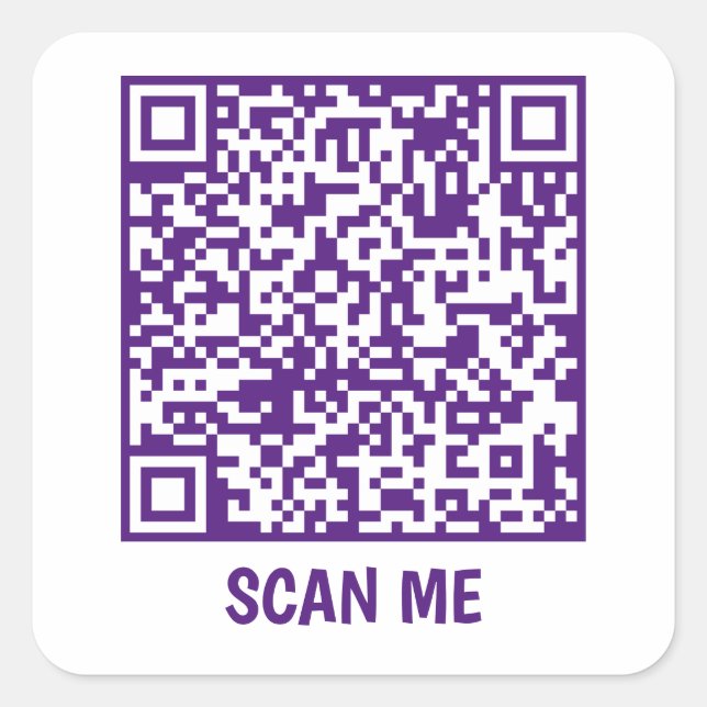 QR-Code lila SCAN ME Quadratischer Aufkleber (Vorderseite)