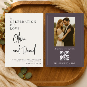QR-Code Lila Schrift Foto Hochzeit Einladung