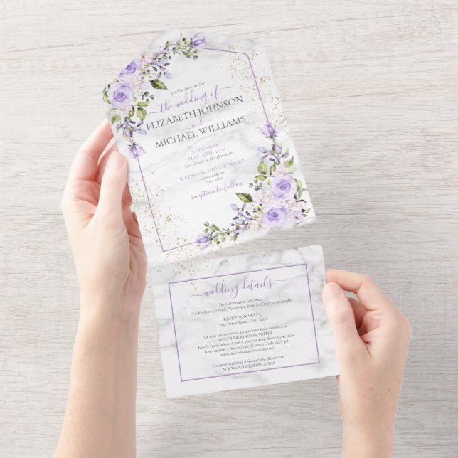 QR Code Lilac Lavender Gold Marble Floral Wedding All In One Einladung (Abreißen)