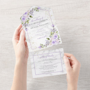 QR Code Lilac Lavender Gold Marble Floral Wedding All In One Einladung