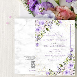 QR Code Lilac Lavender Gold Marble Floral Wedding Einladung