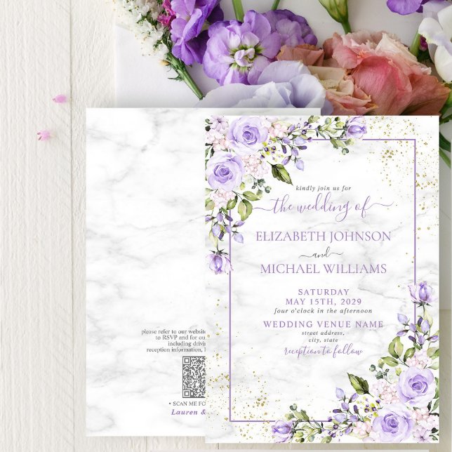 QR Code Lilac Lavender Gold Marble Floral Wedding Einladung (Von Creator hochgeladen)