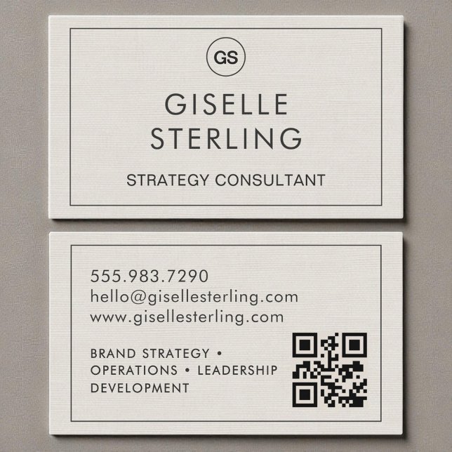 QR Code Linen Monogram Modern Visitenkarte (Von Creator hochgeladen)