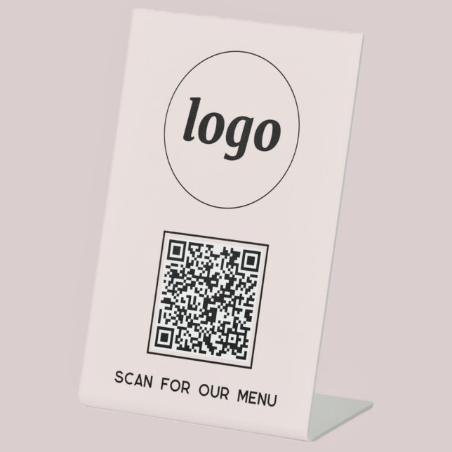 QR-Code-Logo-Business-Scan für Menü in Rosa Sockelschild (Blush pink logo with QR code scan for menu pedestal sign for client or customer facing business)