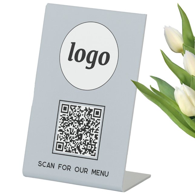 QR Code Logo Business Scan für Menü Light Blue Sockelschild (Logo with custom text and QR code light dusty powder blue business Scan for Menu pedastal sign)