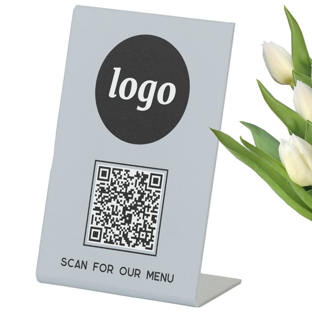 QR Code Logo Business Scan für Menü Light Blue Sockelschild (Logo with custom text and QR code light dusty powder blue business Scan for Menu pedastal sign)