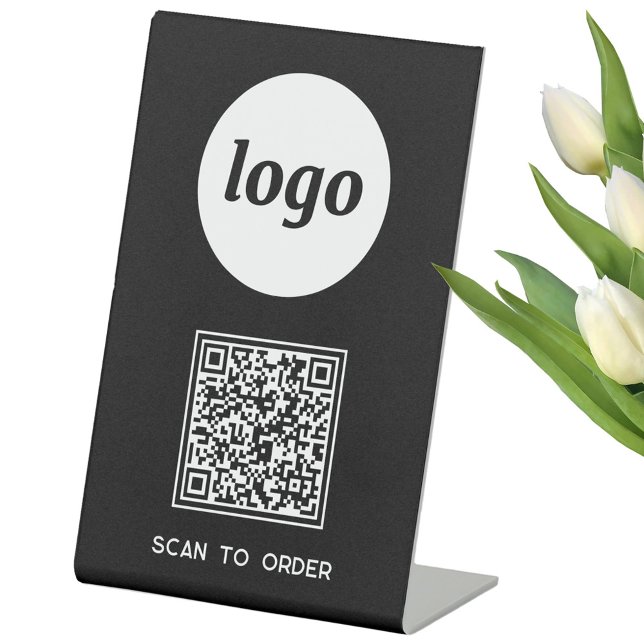 QR-Code-Logo-Business-Scan zur Bestellung von Schw Sockelschild (Logo with QR code and custom text business promotional Scan to Order pedestal sign)