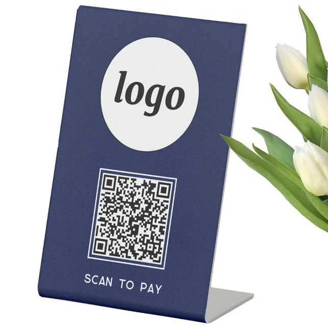 QR Code Logo Business Scan zur Bezahlung von Navy  Sockelschild (Simple logo QR code with custom text business branding promotional scan to pay table pedestal sign)