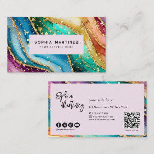 QR-Code & Logo Elegant Regenbogen-Achat Gold Glitt Visitenkarte
