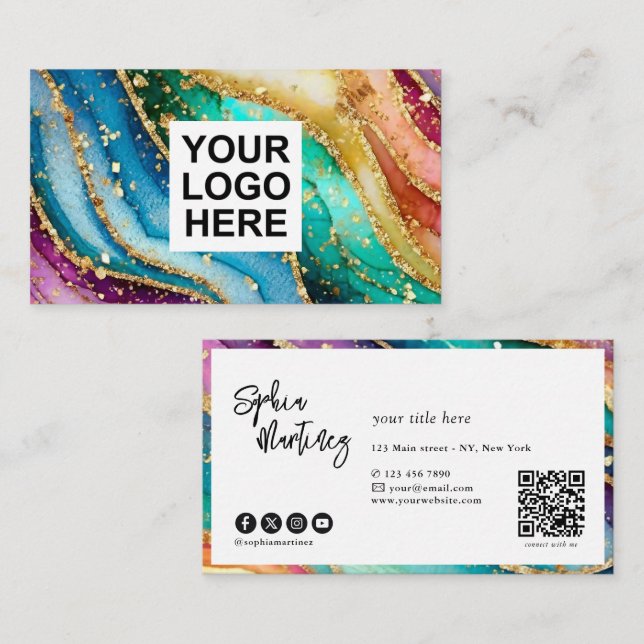 QR-Code & Logo Elegant Regenbogen-Achat Gold Glitt Visitenkarte (Vorne/Hinten)