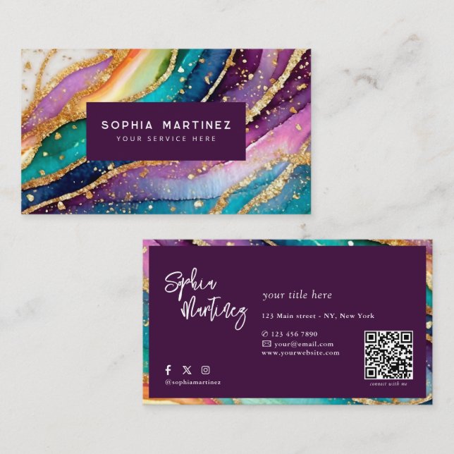 QR-Code & Logo Elegant Regenbogen-Achat Gold-Glitt Visitenkarte (Vorne/Hinten)