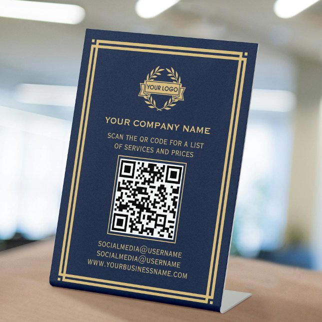QR-Code-Logo für Kundendienste Navy Gold Sockelschild (Von Creator hochgeladen)