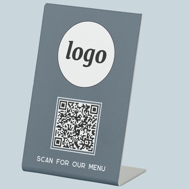 QR-Code-Logo Geschäft scannt nach Menü Holzkohlegr Sockelschild (Simple logo QR code custom text business branding promotional scan for menu pedestal sign)