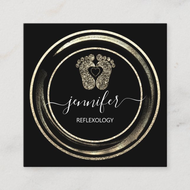 QR Code Logo Gold Black Reflexology Foot Massage Quadratische Visitenkarte (Vorderseite)