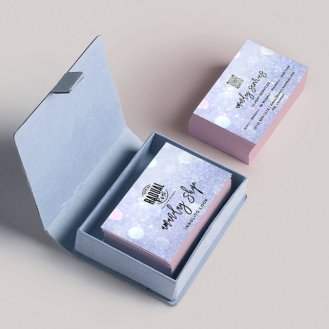 QR-Code-Logo-Makeup-Nails Silber Blau Visitenkarte (QR Code Logo Makeup Nails Silver Blue Business Card )