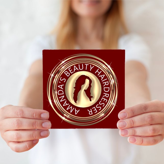 QR Code Logo Online Shop Gold Burgund Quadratische Visitenkarte (QR Code Logo Online Shop Frame Gold Burgundy Square Business Card)