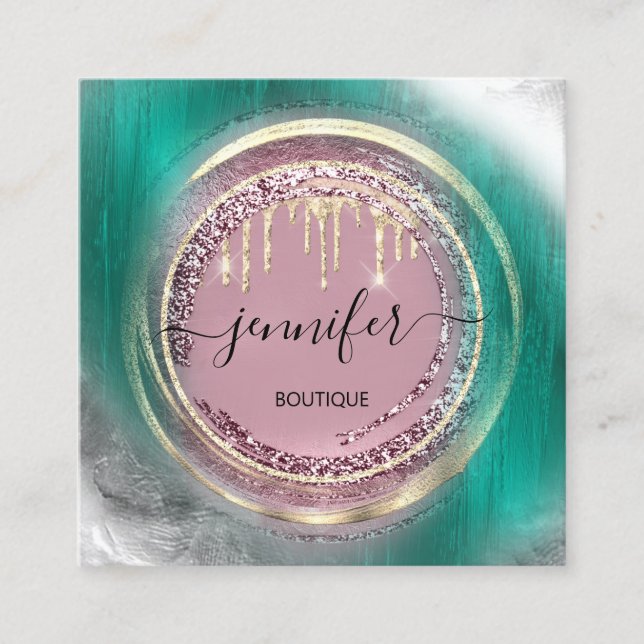 QR-Code-Logo-Shop Glitzer Grüne Rose Tropfen Moder Quadratische Visitenkarte (Vorderseite)