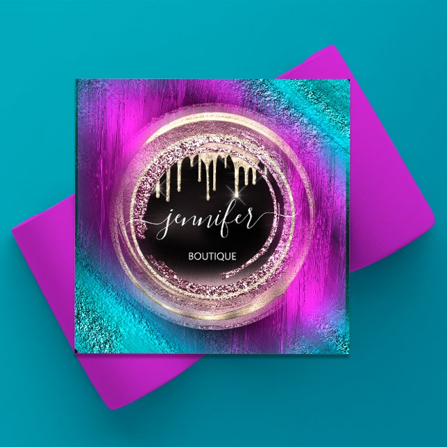 QR-Code Logo Shop Glitzer Rosa Rose Tropfen Kreis Quadratische Visitenkarte (QR Code Logo Shop Glitter Pink Rose Drips Circle Square Business Card)