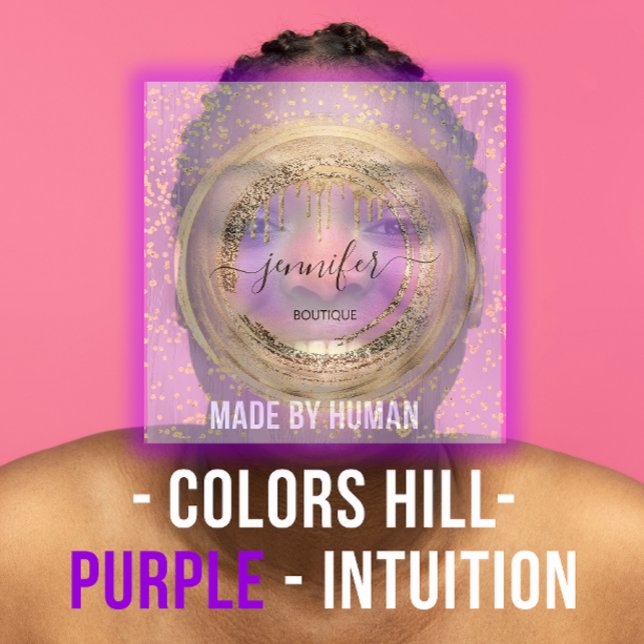 QR Code Logo Shop Lila Gold Tropfen Confetti Quadratische Visitenkarte (QR Code Logo Shop Purple Gold Drips Confetti Square Business Card)