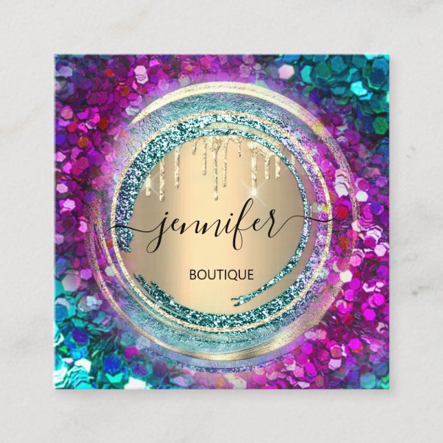 QR-Code Logo-Shop Pink Gold Tropfen Confetti Quadratische Visitenkarte (Vorderseite)