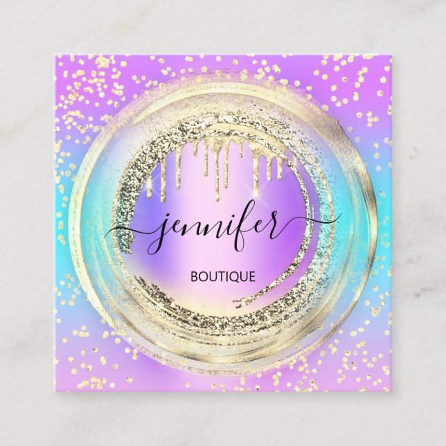 QR-Code Logo-Shop Pink Ombre Gold Tropfen Confetti Quadratische Visitenkarte (Vorderseite)