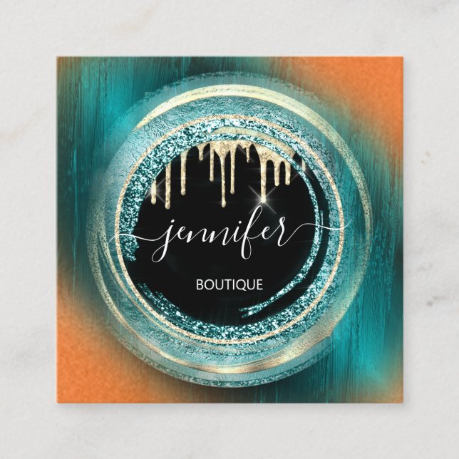 QR-Code-Logo-Shop Schwarze Gold-Tropfen Orange Aqu Quadratische Visitenkarte (Vorderseite)