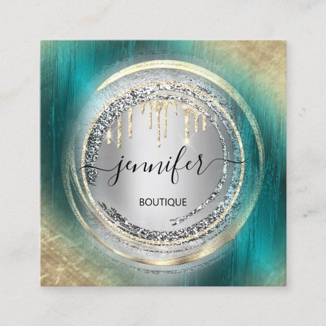 QR-Code-Logo-Shop Silver Grau-Aquamarin-Gold-Tropf Quadratische Visitenkarte (Vorderseite)