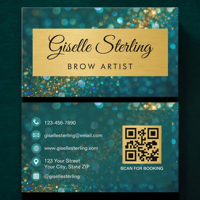 QR Code Luxury Brow Artist Gold Teal Glitter  Visitenkarte (Von Creator hochgeladen)