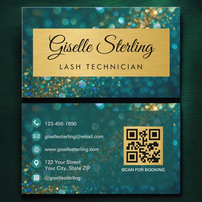 QR Code Luxury Lash Technician Gold Teal Glitter  Visitenkarte (Von Creator hochgeladen)