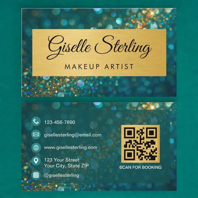 QR Code Luxury Makeup Artist Gold Teal Glitter  Visitenkarte (Von Creator hochgeladen)