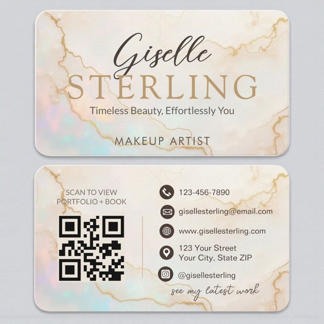 QR Code Luxury Opal Stone Elegantes Skript Visitenkarte (Von Creator hochgeladen)