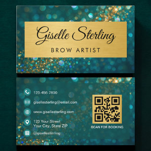 QR-Code Luxus-Brauenkünstler Gold Türkis Glitter Visitenkarte