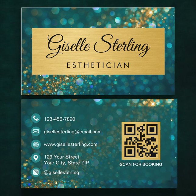 QR-Code Luxus-Esthetikerin Gold Türkis Glitter Visitenkarte (Von Creator hochgeladen)