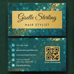 QR-Code Luxus-Friseur Gold Türkis Glitter Visitenkarte