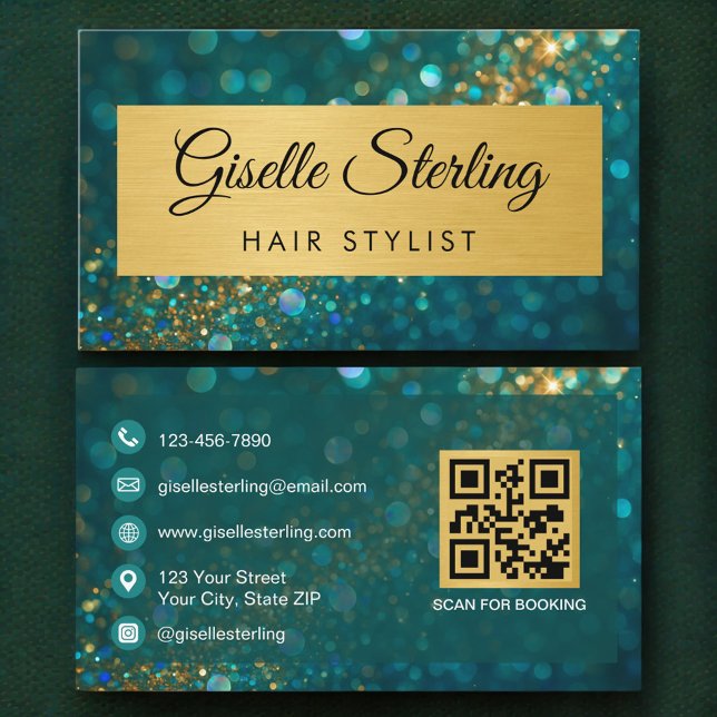 QR-Code Luxus-Friseur Gold Türkis Glitter Visitenkarte (Von Creator hochgeladen)