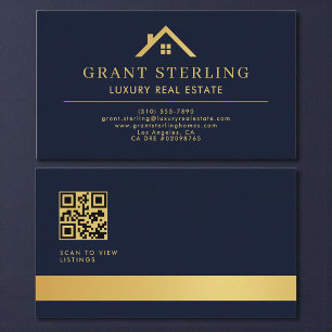 QR-Code Luxus-Immobilienmakler Navyblau Gold Visitenkarte