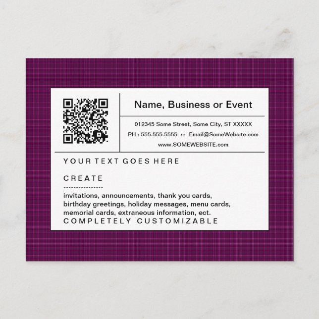QR-Code: magenta kariert Einladungspostkarte (Vorderseite)