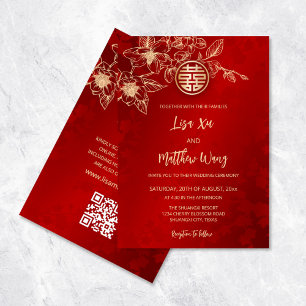 QR-Code Magnolie Gold Rot Chinesische Hochzeit Einladung