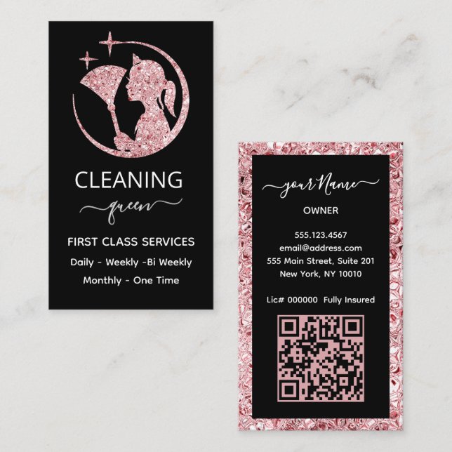 QR code Maid Rose Pink Cleaning Service Visitenkarte (Vorne/Hinten)