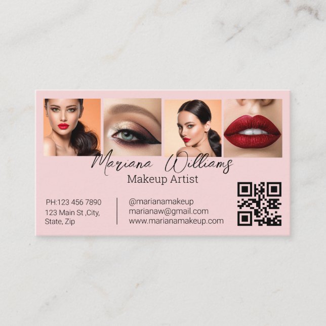qr code makeup artist 4 photos pink business telefonnummerkarte (Vorderseite)
