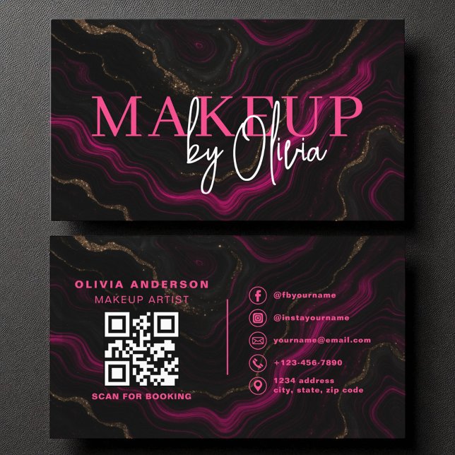 QR Code Makeup Artist Hot Pink Agate Marble Visitenkarte (Von Creator hochgeladen)